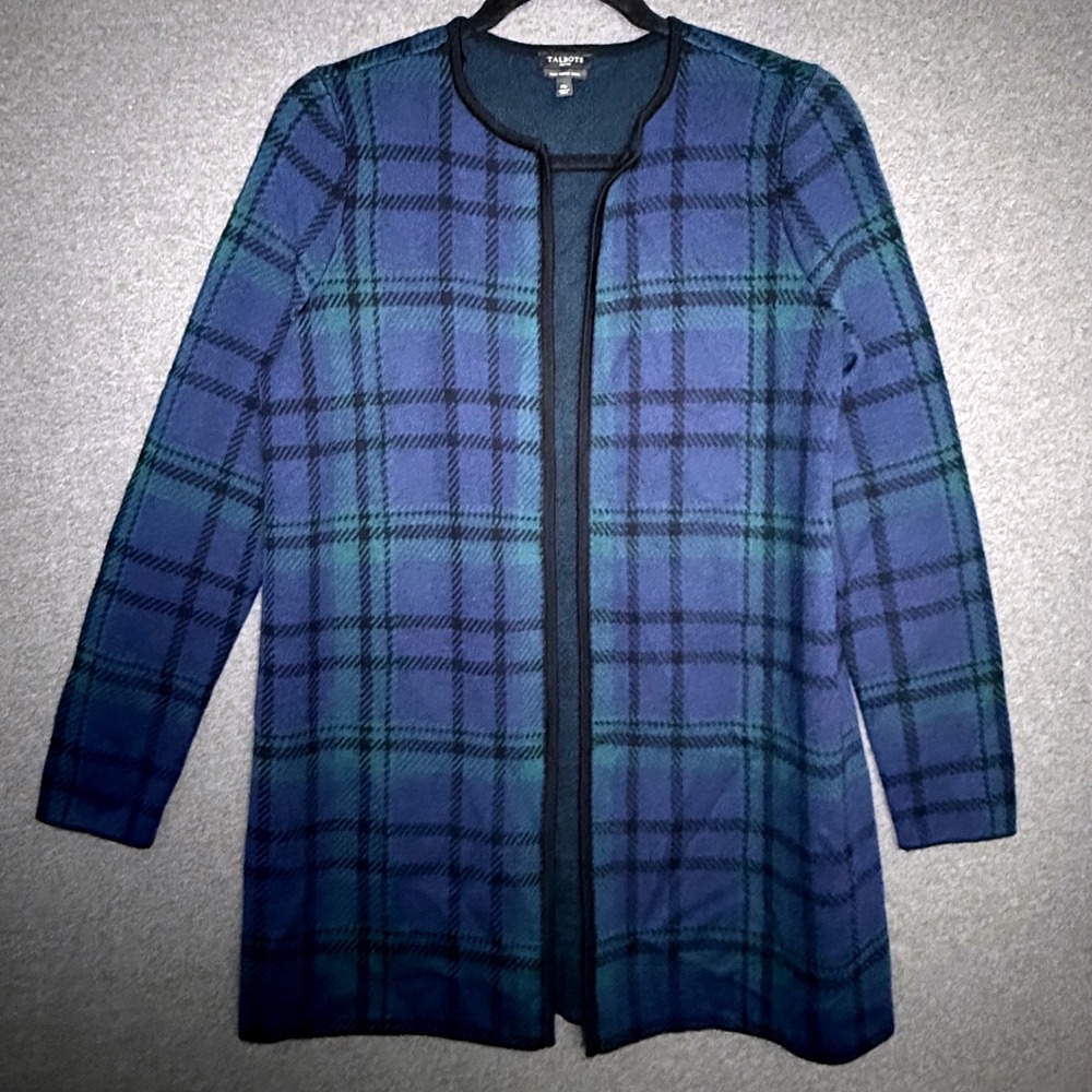 Talbots Petites Blue Green Plaid 100% Merino Wool Open Front Cardigan Sweater MP